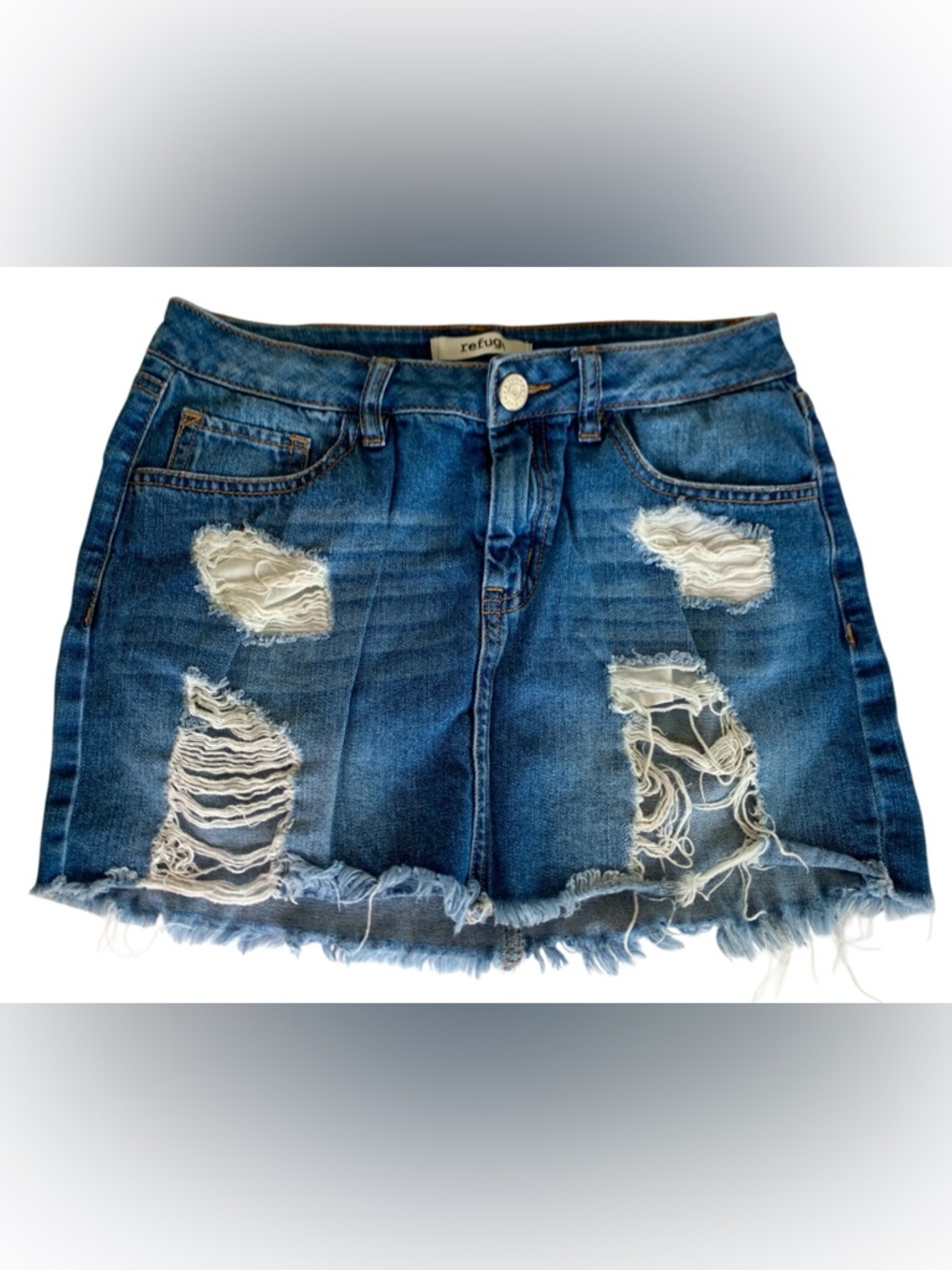 refuge Distressed Dark Blue Denim Mini Skirt with Frayed Hem